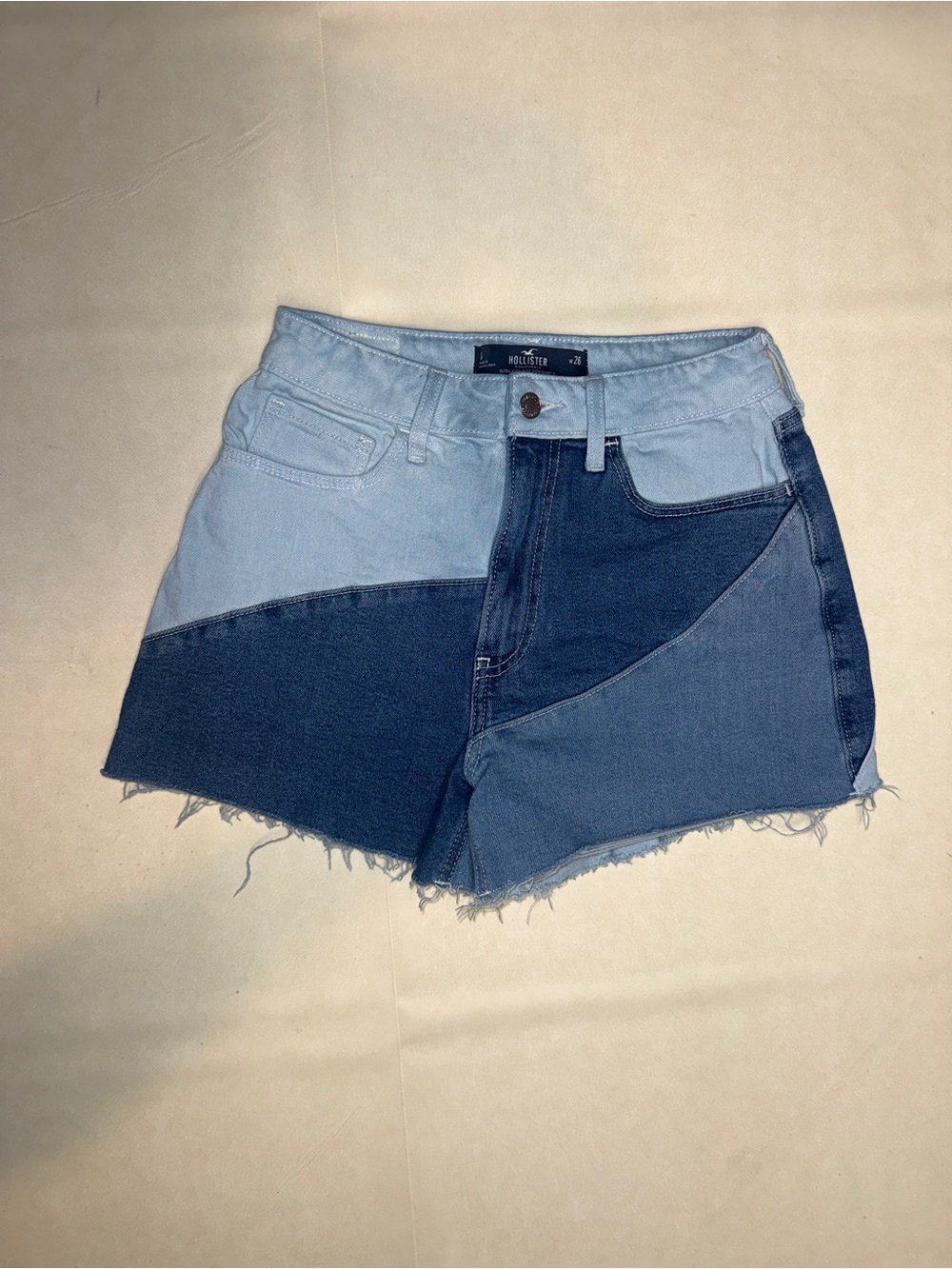 Hollister Two-Tone Denim Patchwork Shorts - Light Blue & Dark Blue